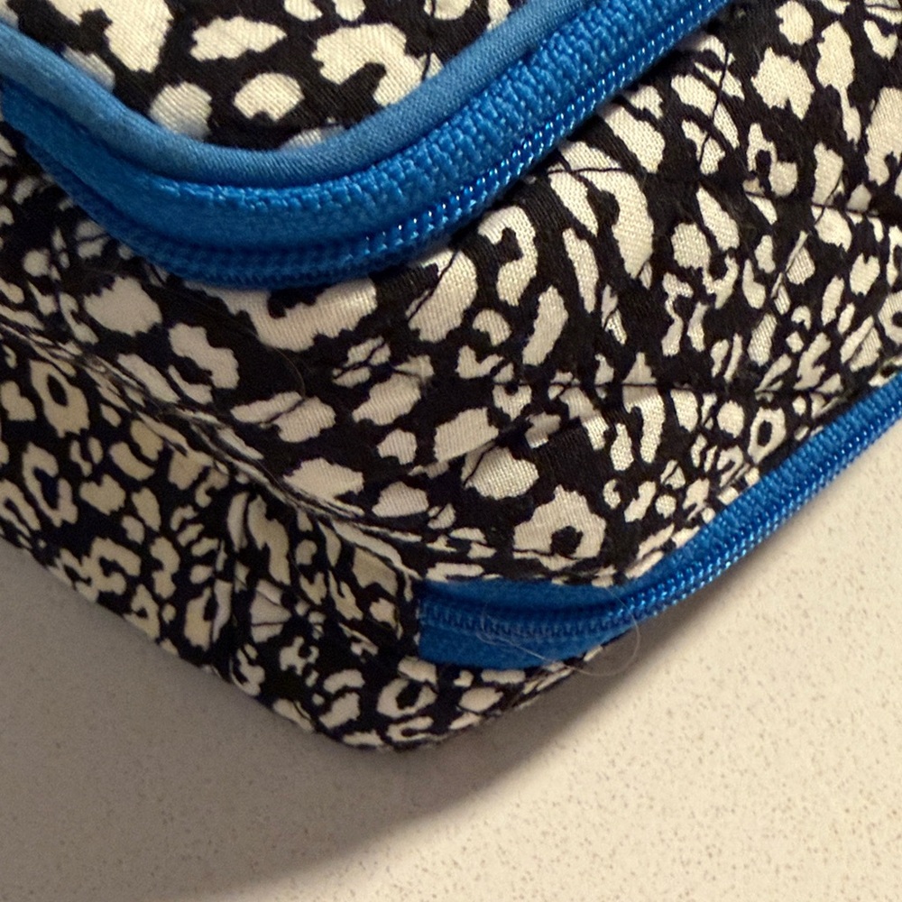 Vera Bradley Black & White Leopard Print Cosmetic Case with Bright Blue Trim - Picture 4 of 8